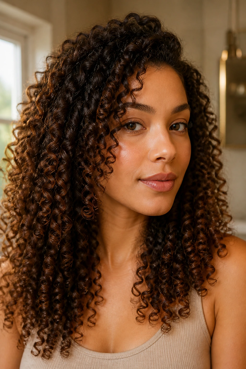 Close-up of a real woman's head showing tight ringlet curls using a small-barrel wand