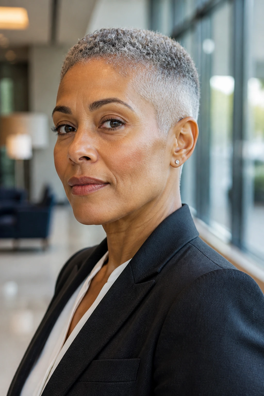 Close-up portrait of a person with a tight taper haircut in an office setting