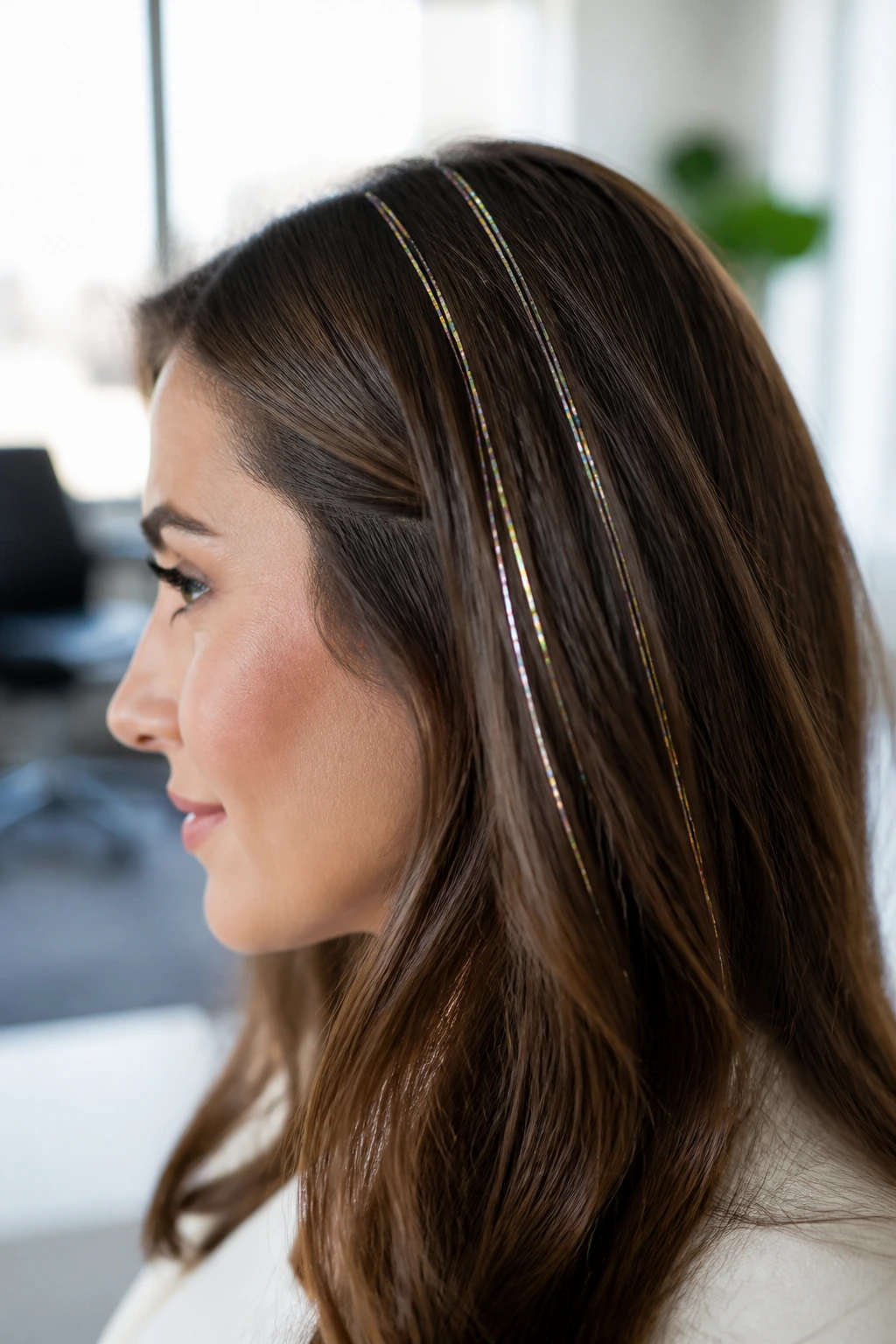 Hair with metallic tinsel strands woven at the roots