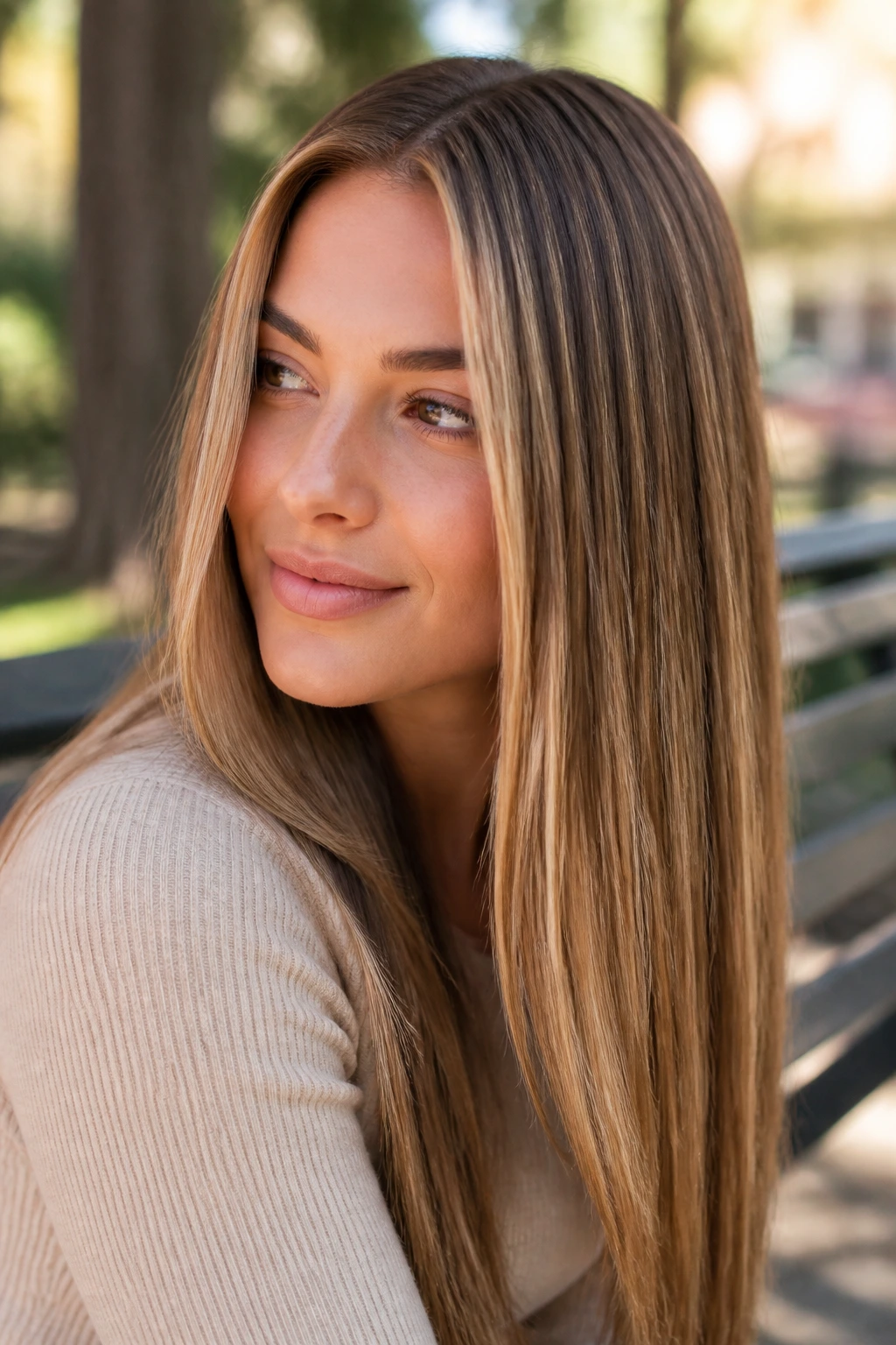 Close-up portrait of a real woman with toasted almond tones in straight hair on a park bench.
