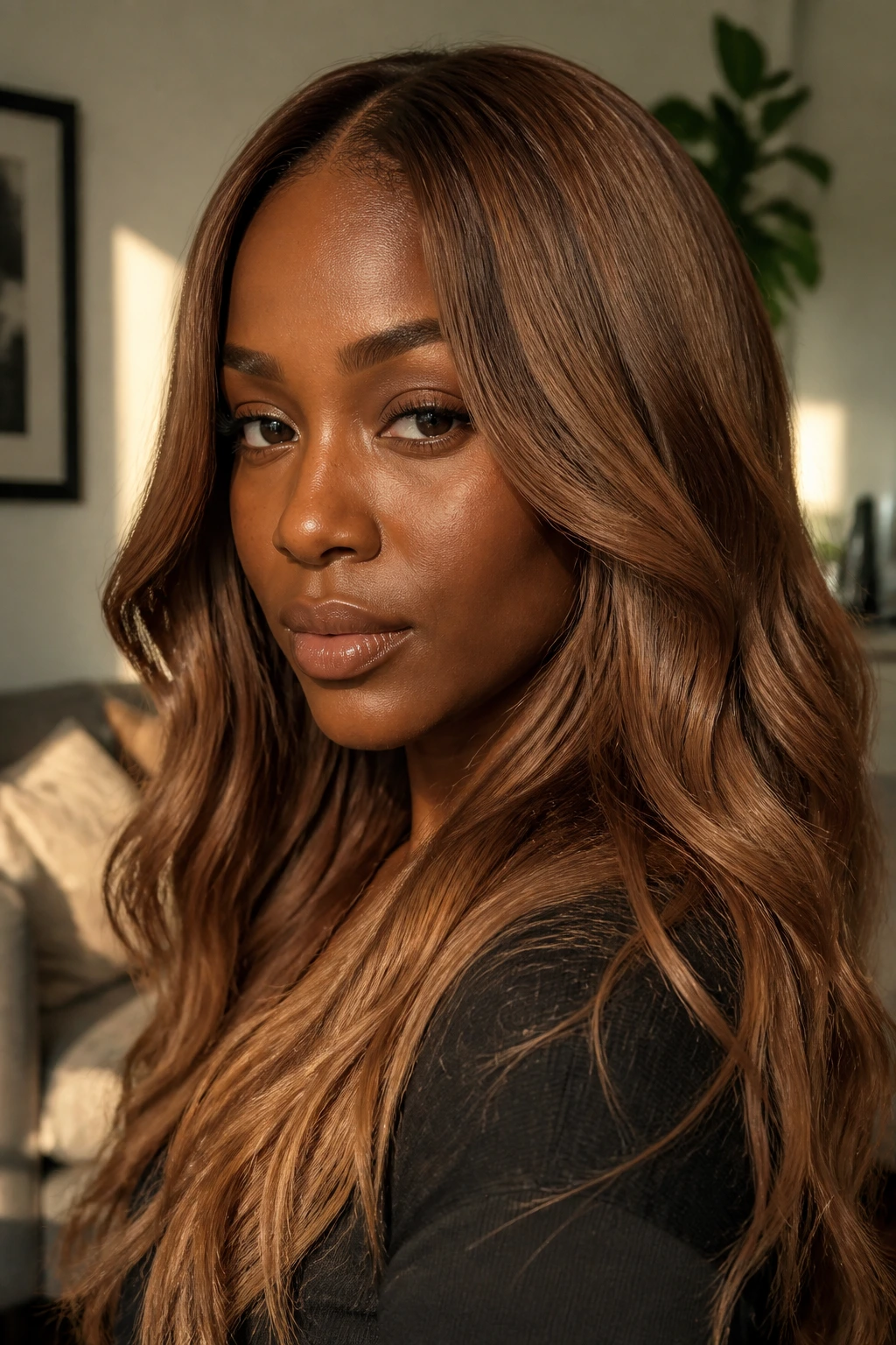 Toffee Chocolate hair on dark skin woman in a close-up portrait with caramel-toned highlights.