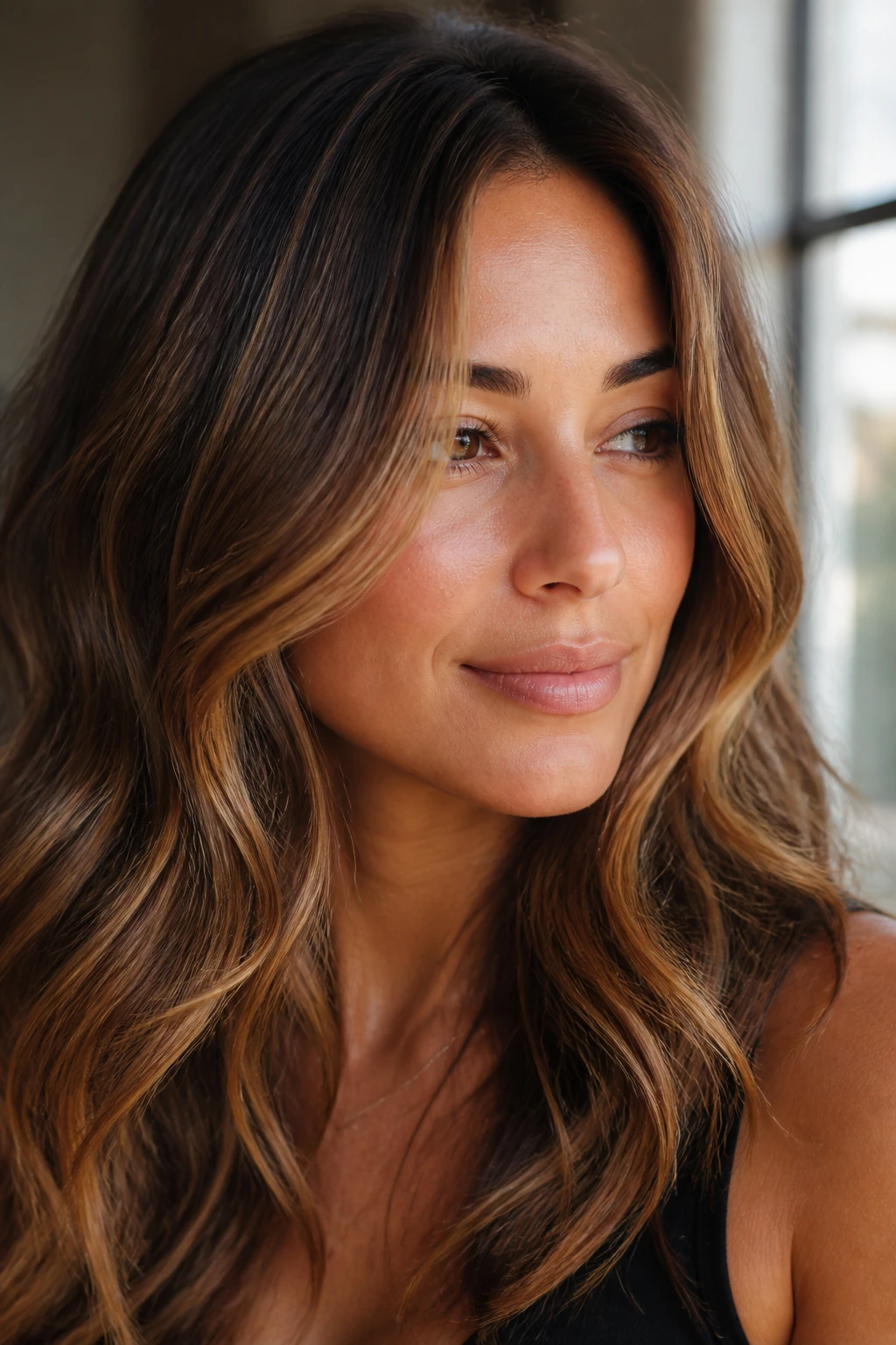 Close-up of a real woman's hair with toffee highlights on a medium-brown base.