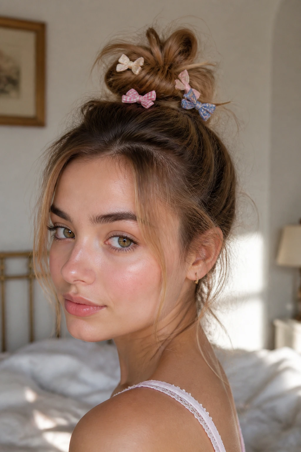 Close-up of a real woman with a messy top knot and bows.
