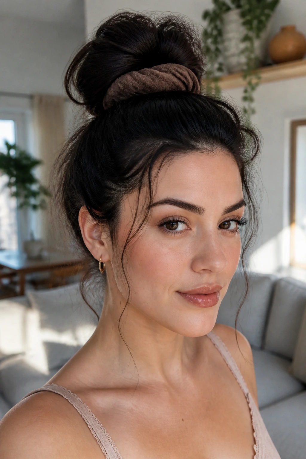 Close-up portrait of a woman in a messy top knot with wispy pieces around the face.