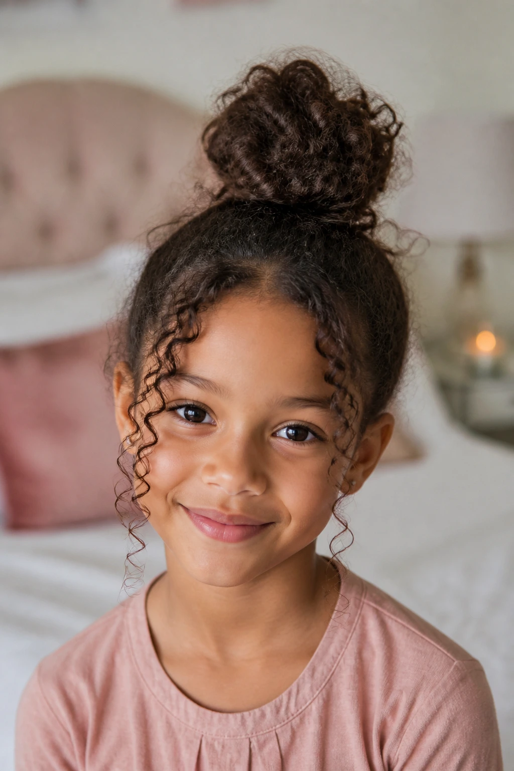 Close-up of a child with a high top knot and loose curls around the face