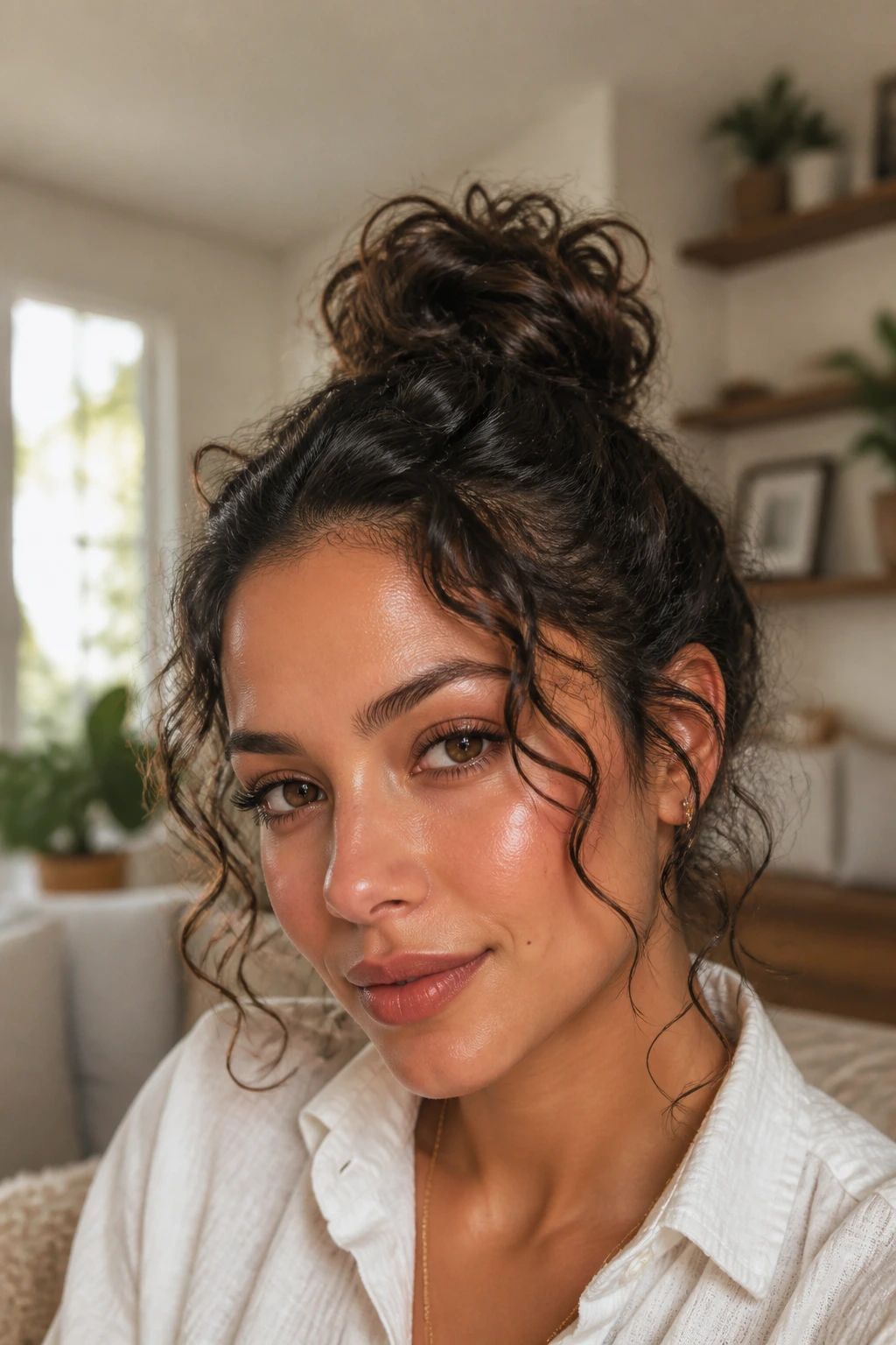 Close-up of a Latina woman with curly top-knot and tendrils