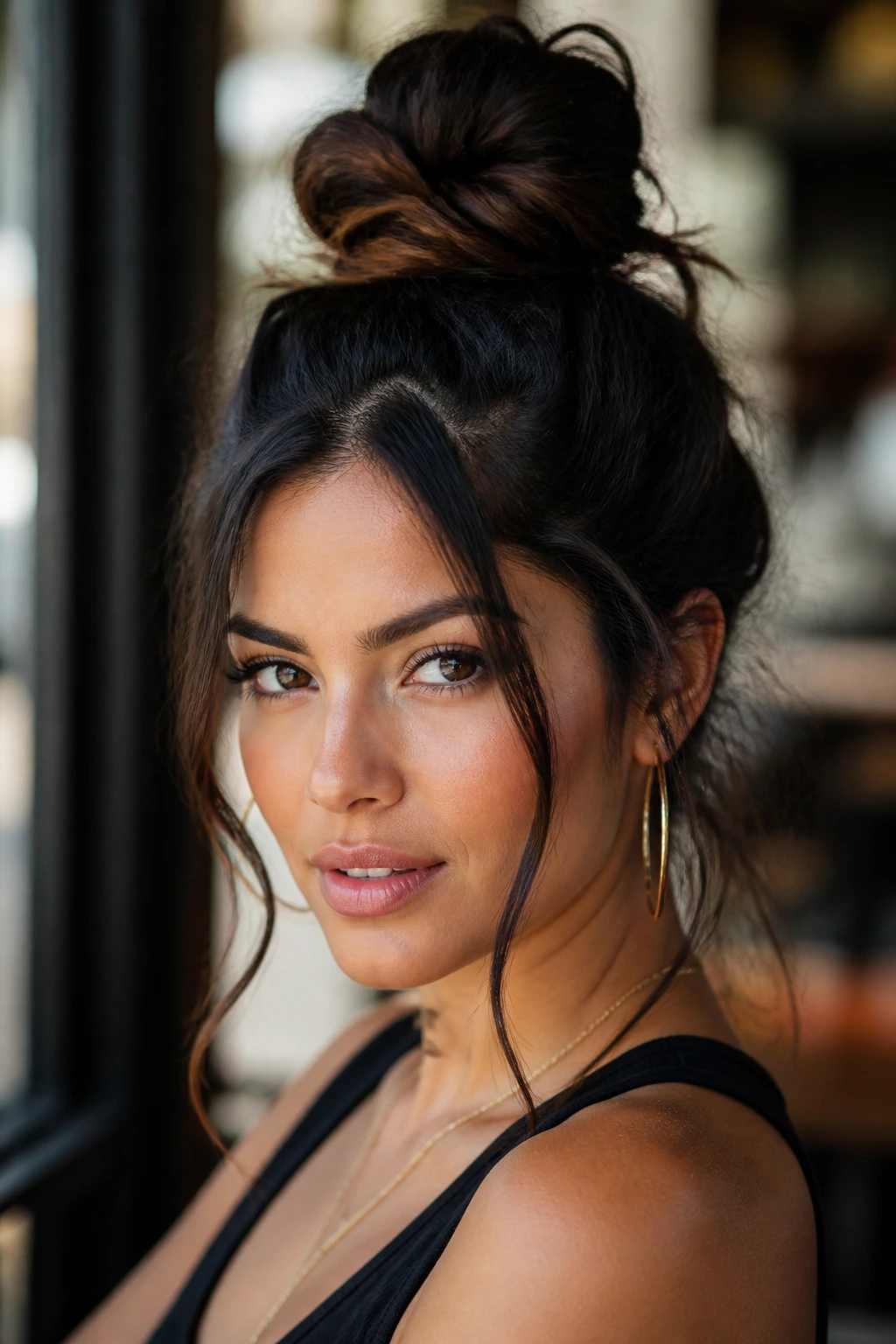 Close-up of a real Latina woman with a messy top knot and face-framing pieces