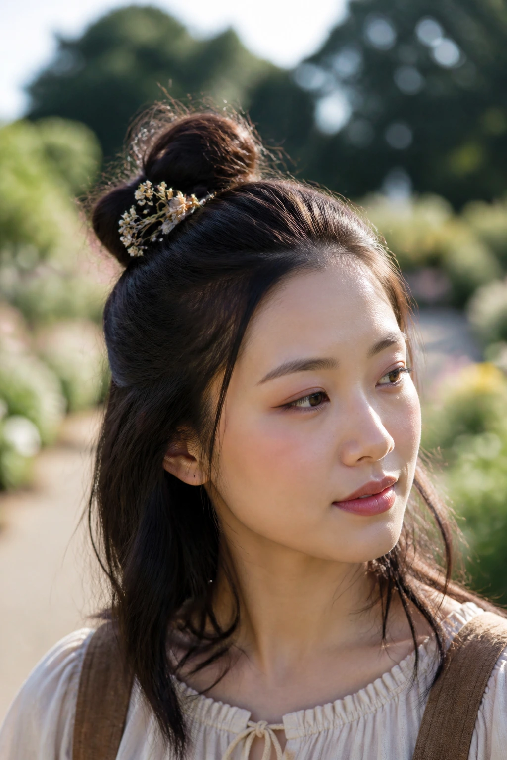 Close-up of a real woman with a top knot and dried florals in a garden setting