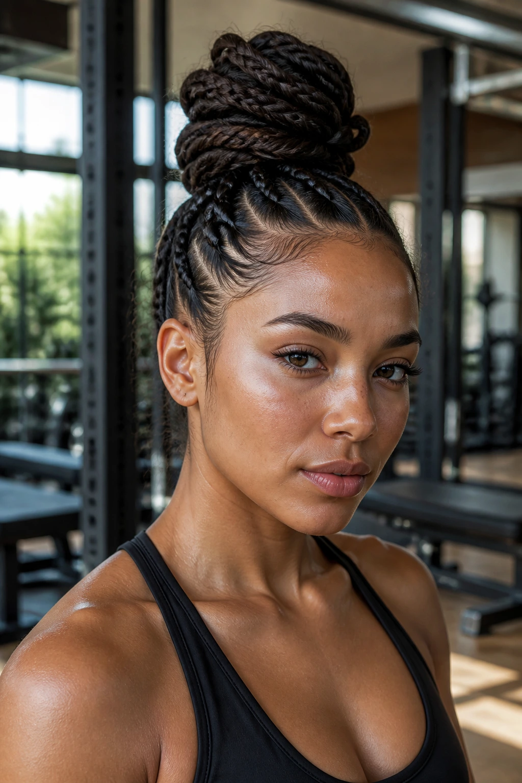 Close-up portrait of a real woman with a high-volume cornrow top knot