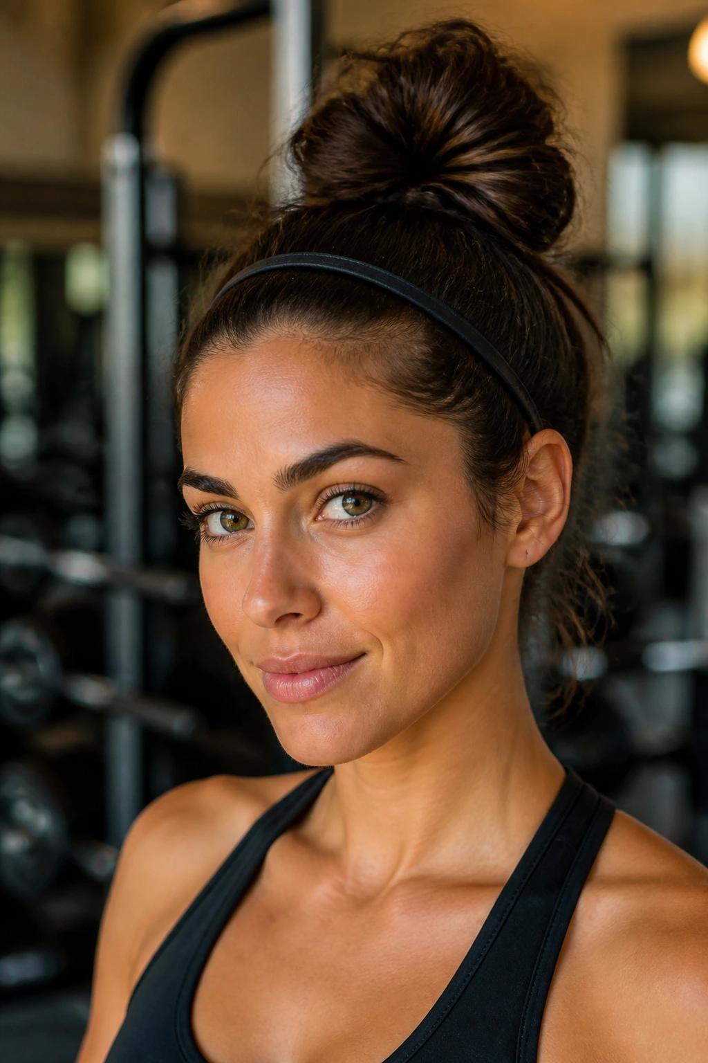Close-up of a real woman with a high top-knot and headband during a workout