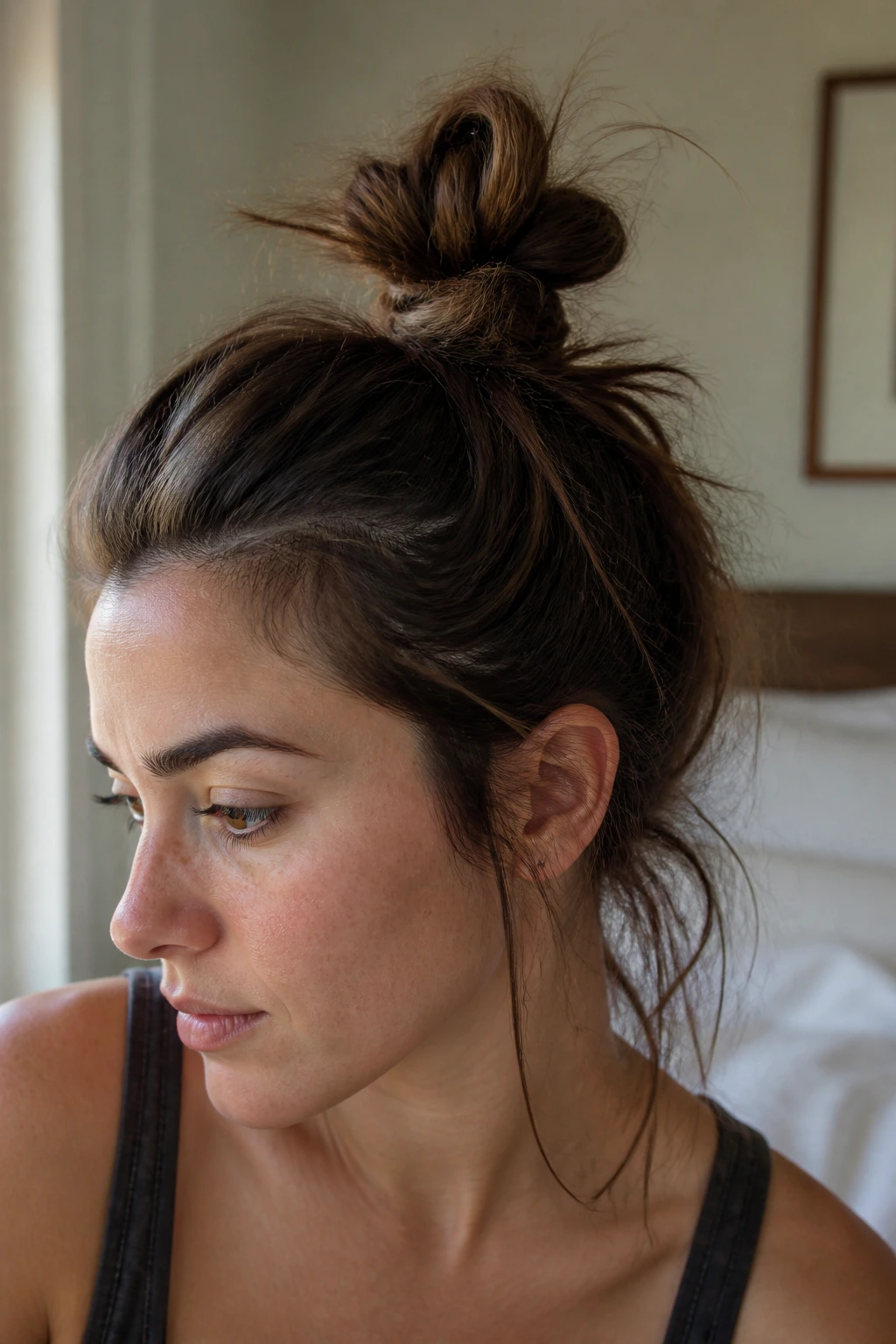 Close-up portrait of a real woman with an uneven patchy top knot in a softly lit bedroom