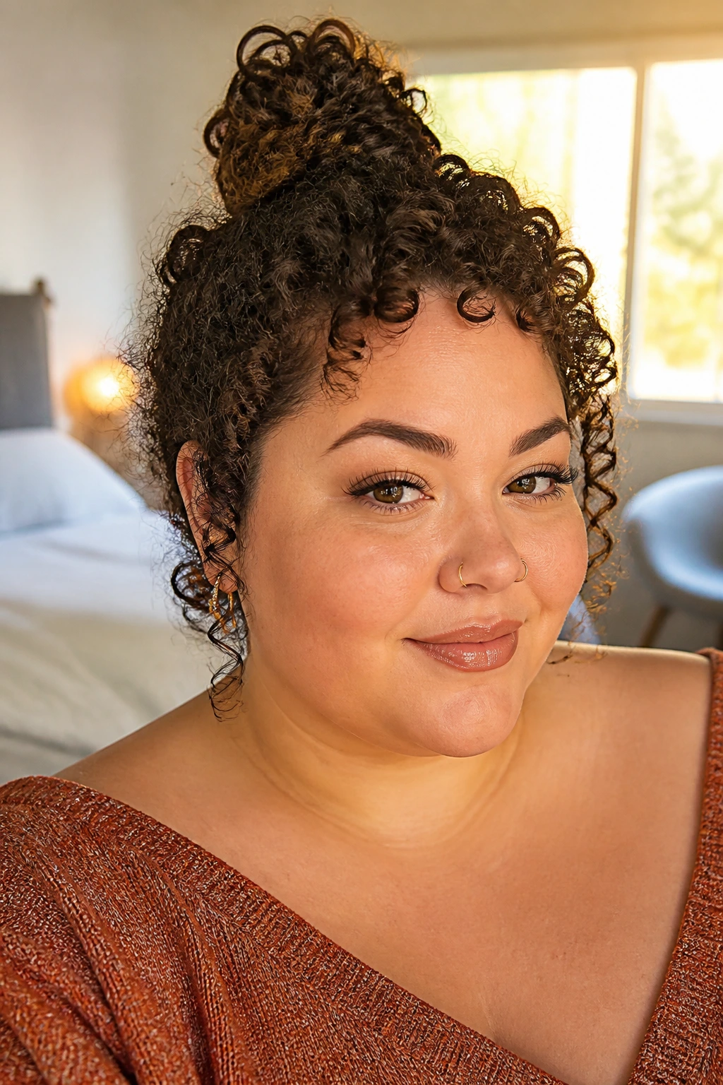 Close-up portrait of a real woman with a curly top-knot pixie hairstyle in a sunlit bedroom