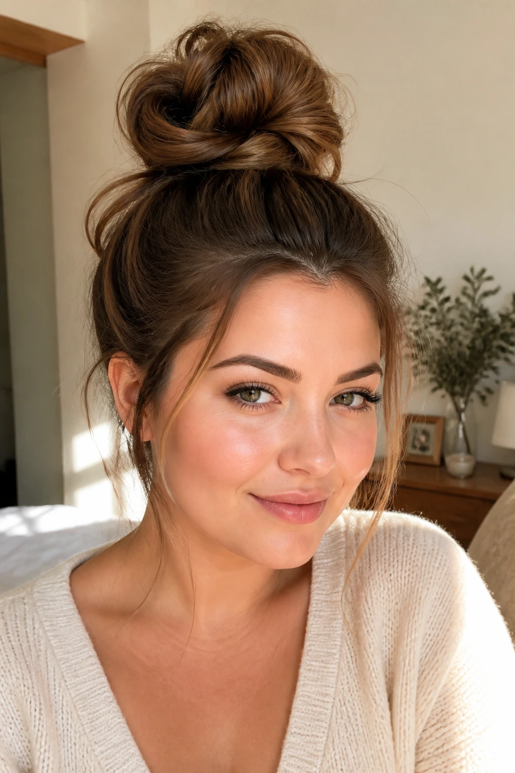 Real woman with high-volume messy top knot in bright bedroom
