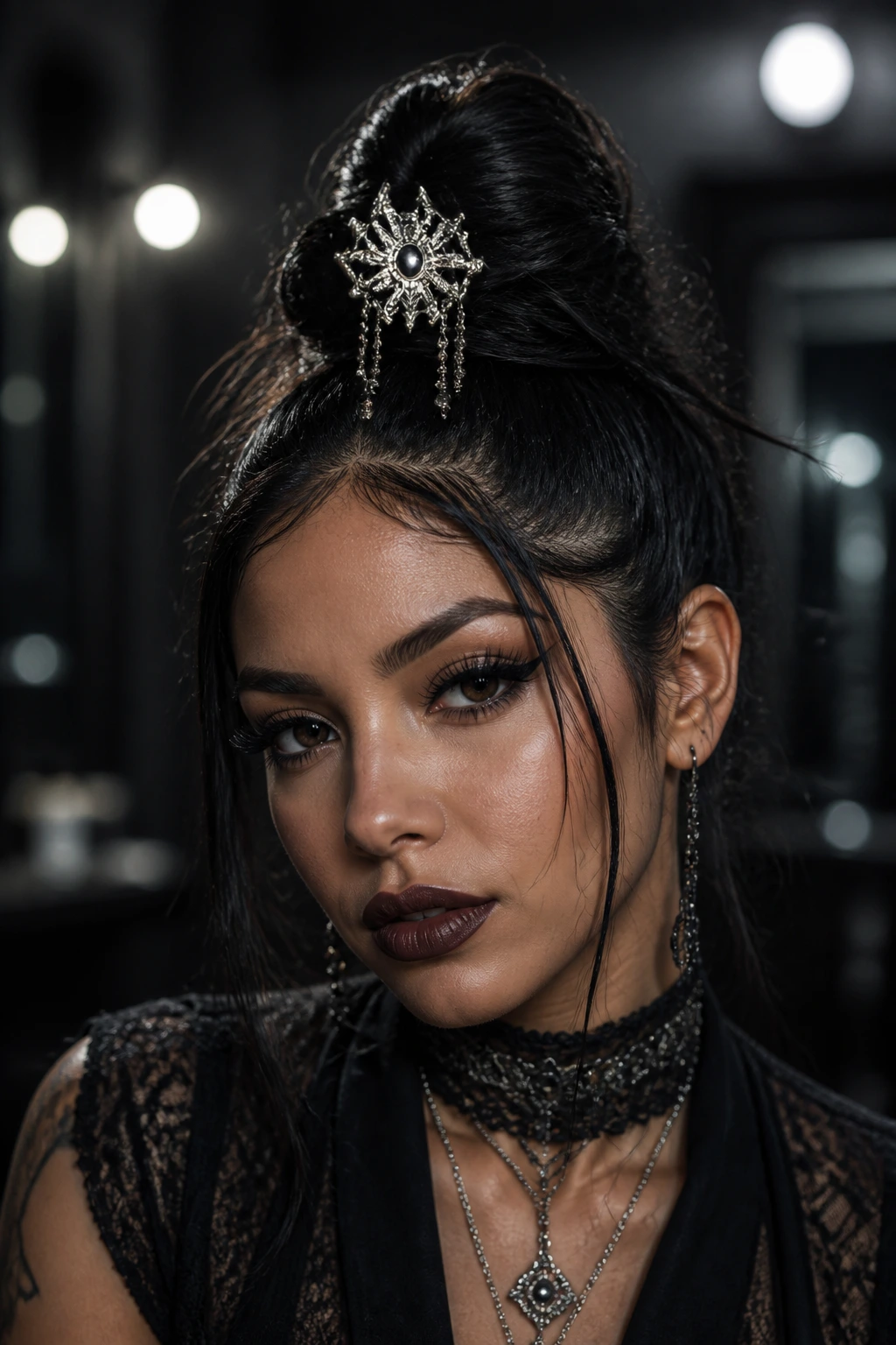 Close-up portrait of a real person with a twisted top-knot and a silver accessory