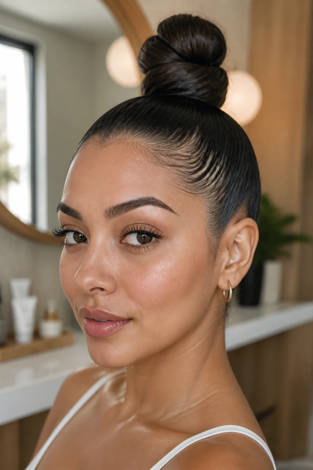 Close-up of a real woman with a top knot and sleek sides.