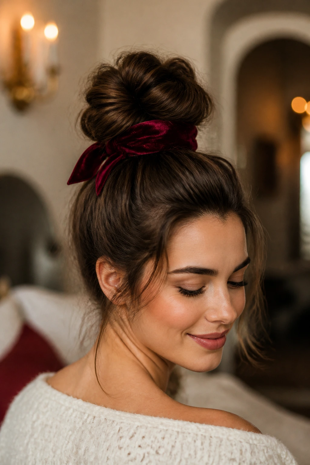 Portrait of a woman with a voluminous top knot and velvet ribbon