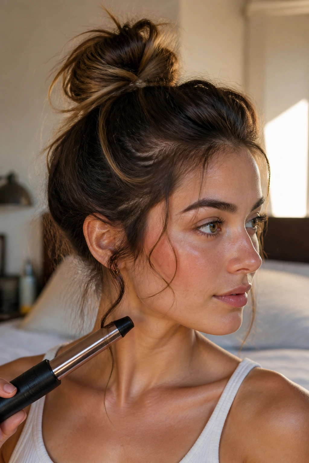 Close-up portrait of a messy top knot with wispy pieces around the face