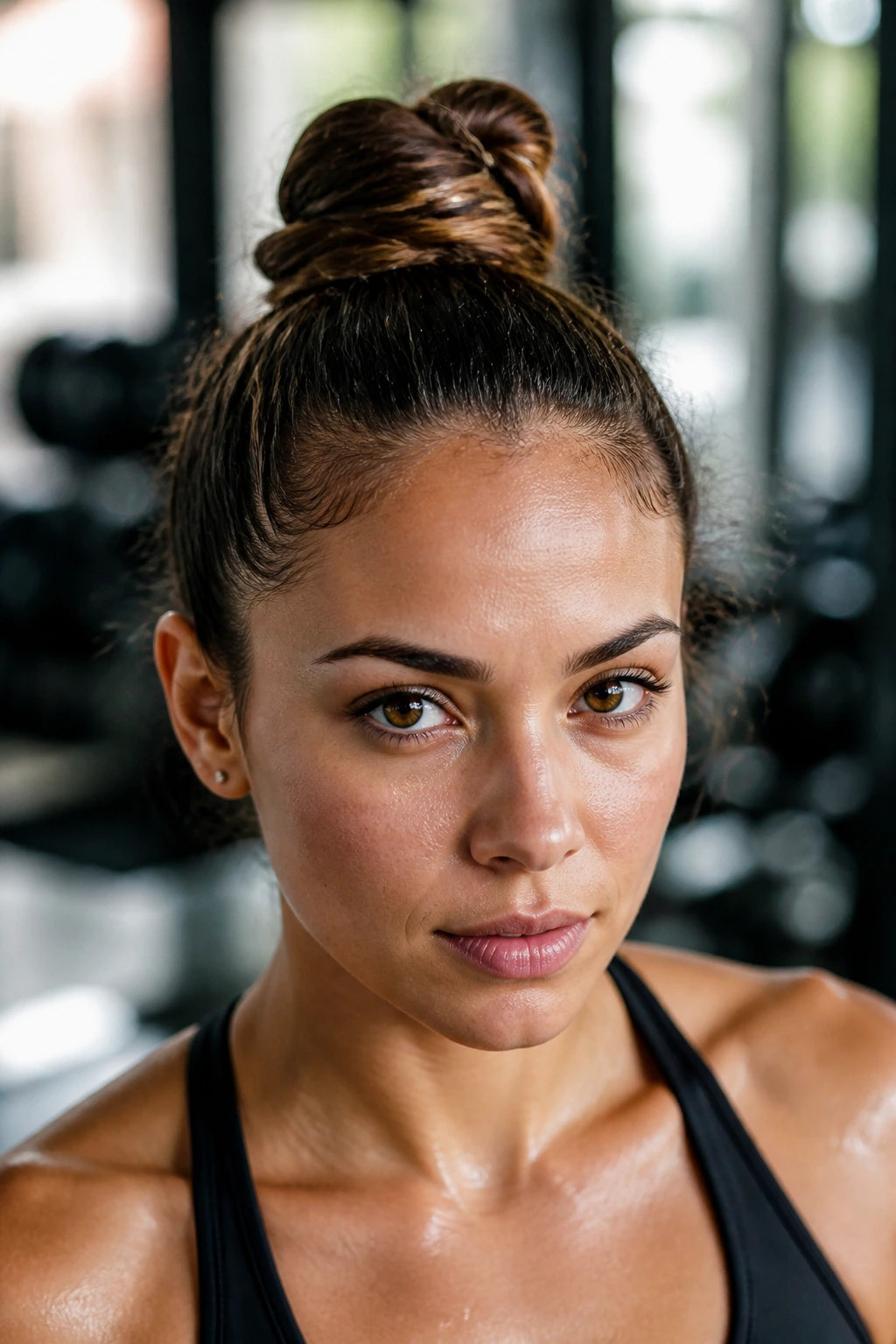 Close-up portrait of a real person with a high top knot during a workout