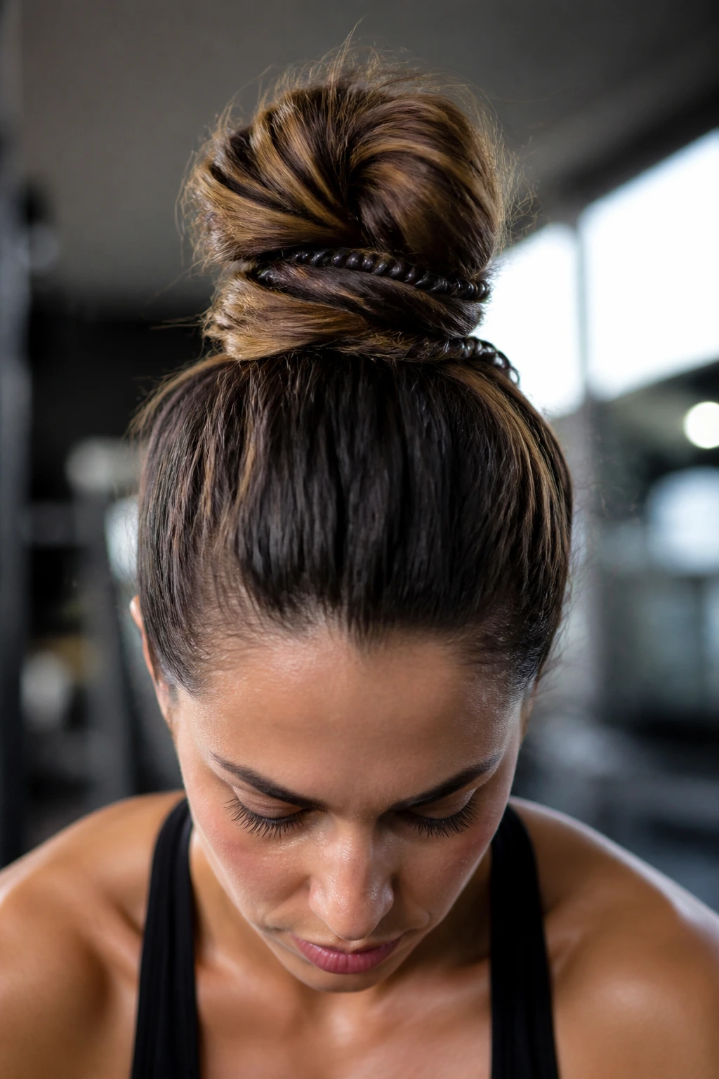 Close-up of a real woman with a high-volume top knot at the crown, gym background blurred