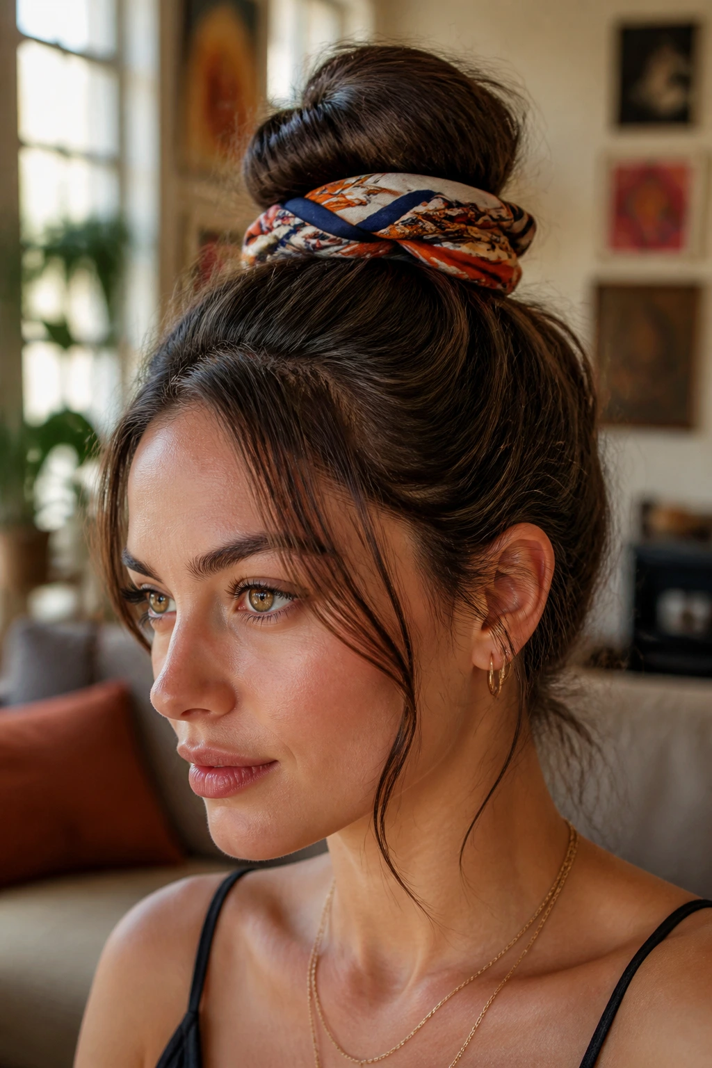 Close-up of a real woman with a wrapped silk scarf topknot in warm natural light