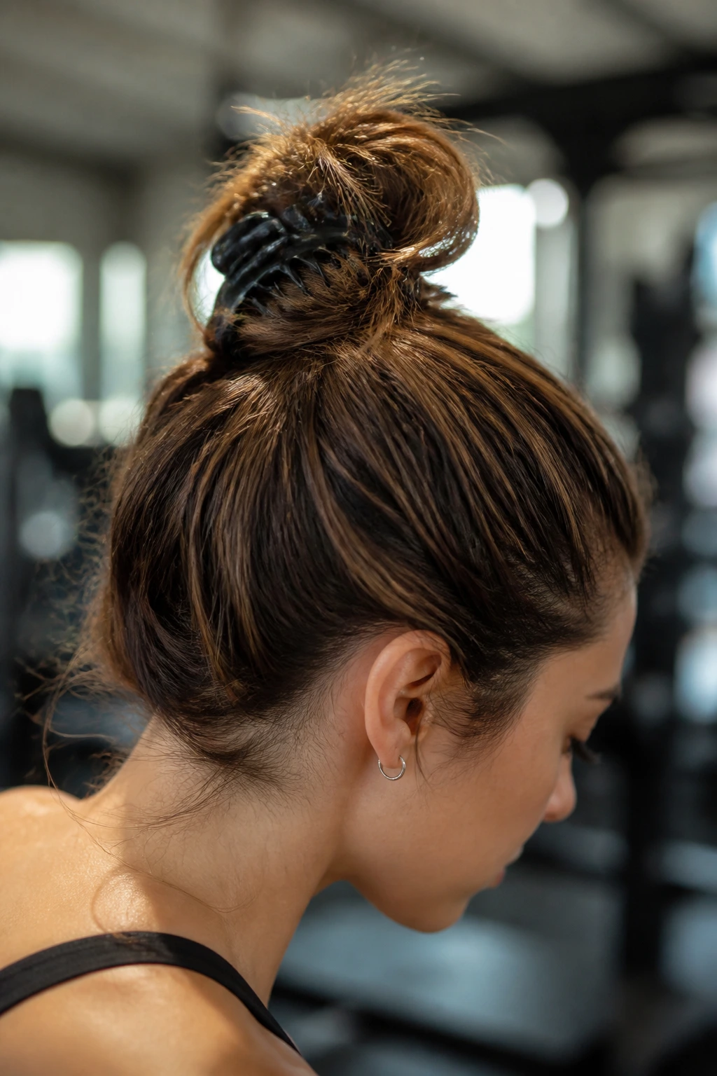 Close-up of a real person with a messy sweat-proof topknot secured by a claw clip during exercise
