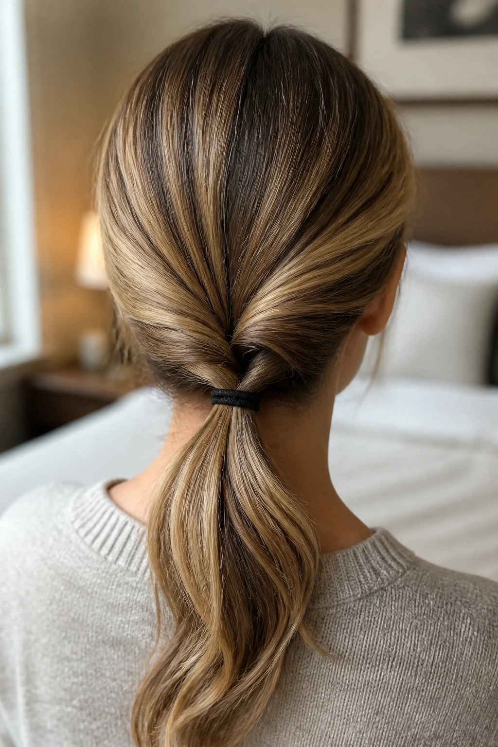 Back-of-head view of a real person showing a low twisted loop ponytail