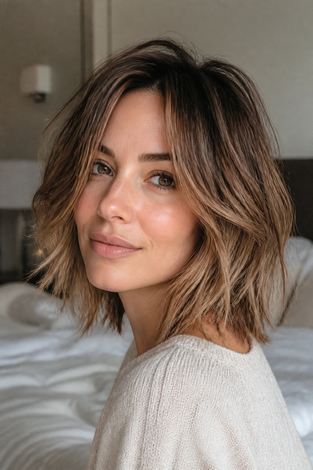 Portrait of a woman with tousled layered lob, airy texture
