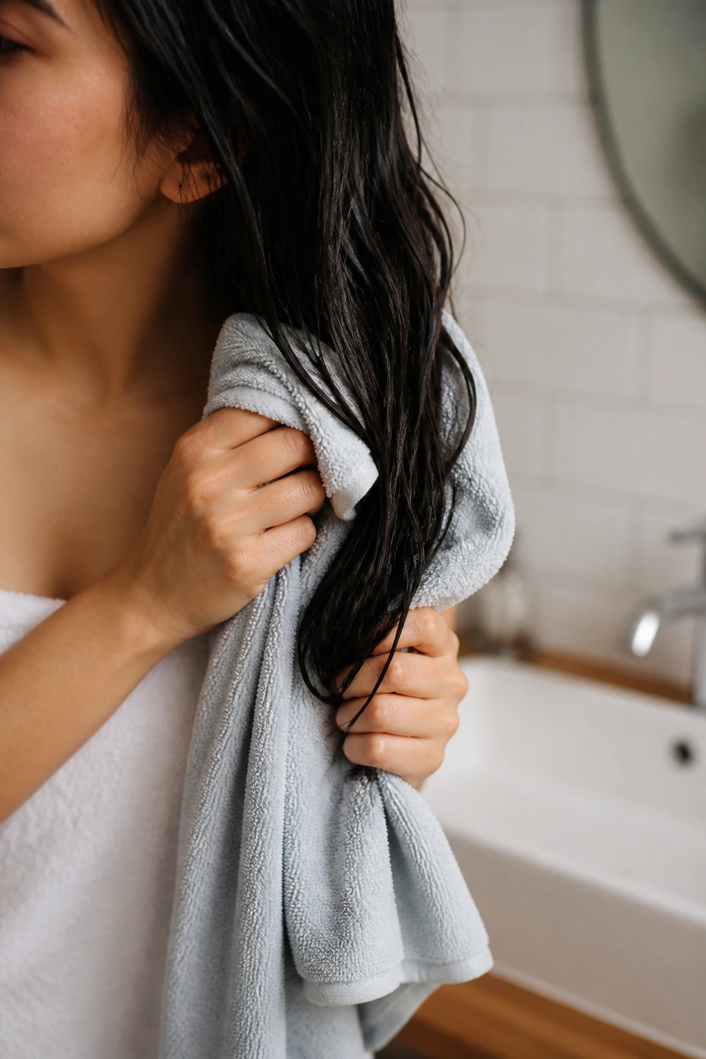 Close-up of damp hair being gently pressed with a microfiber towel.