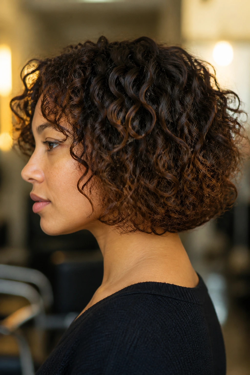 Side-profile close-up of a real woman with a curly bob showing a triangular silhouette at the ends.