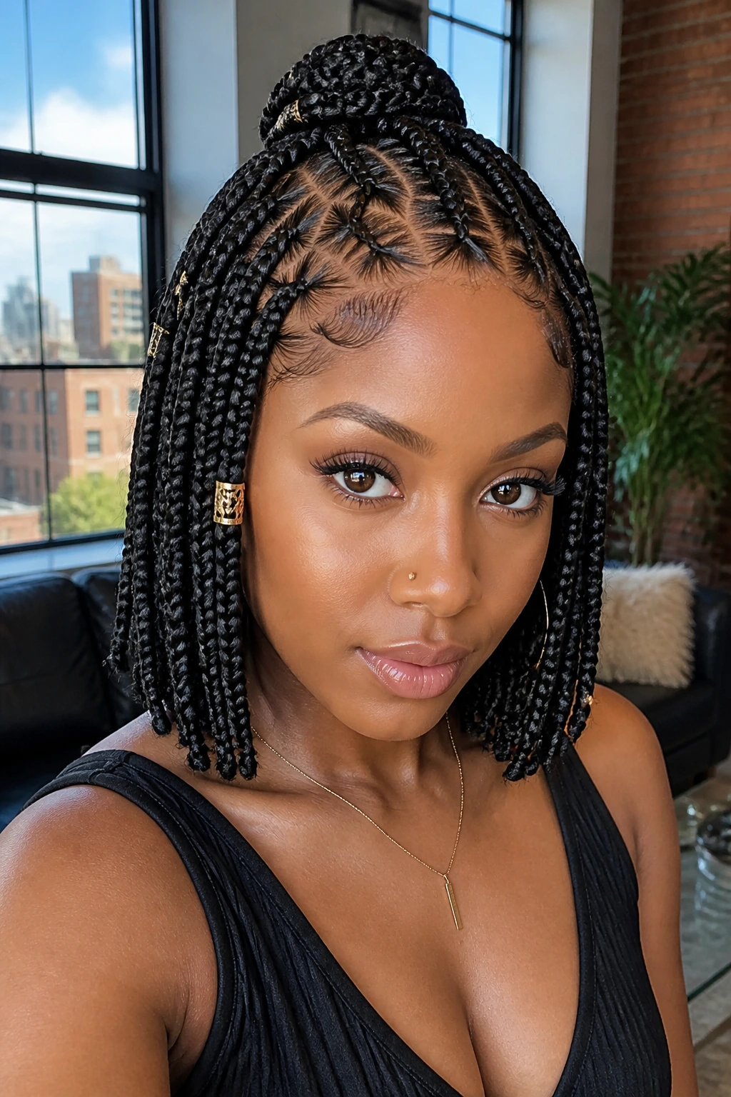 Real woman with tribal-patterned braided bob and highlighted crown parts in a modern loft.