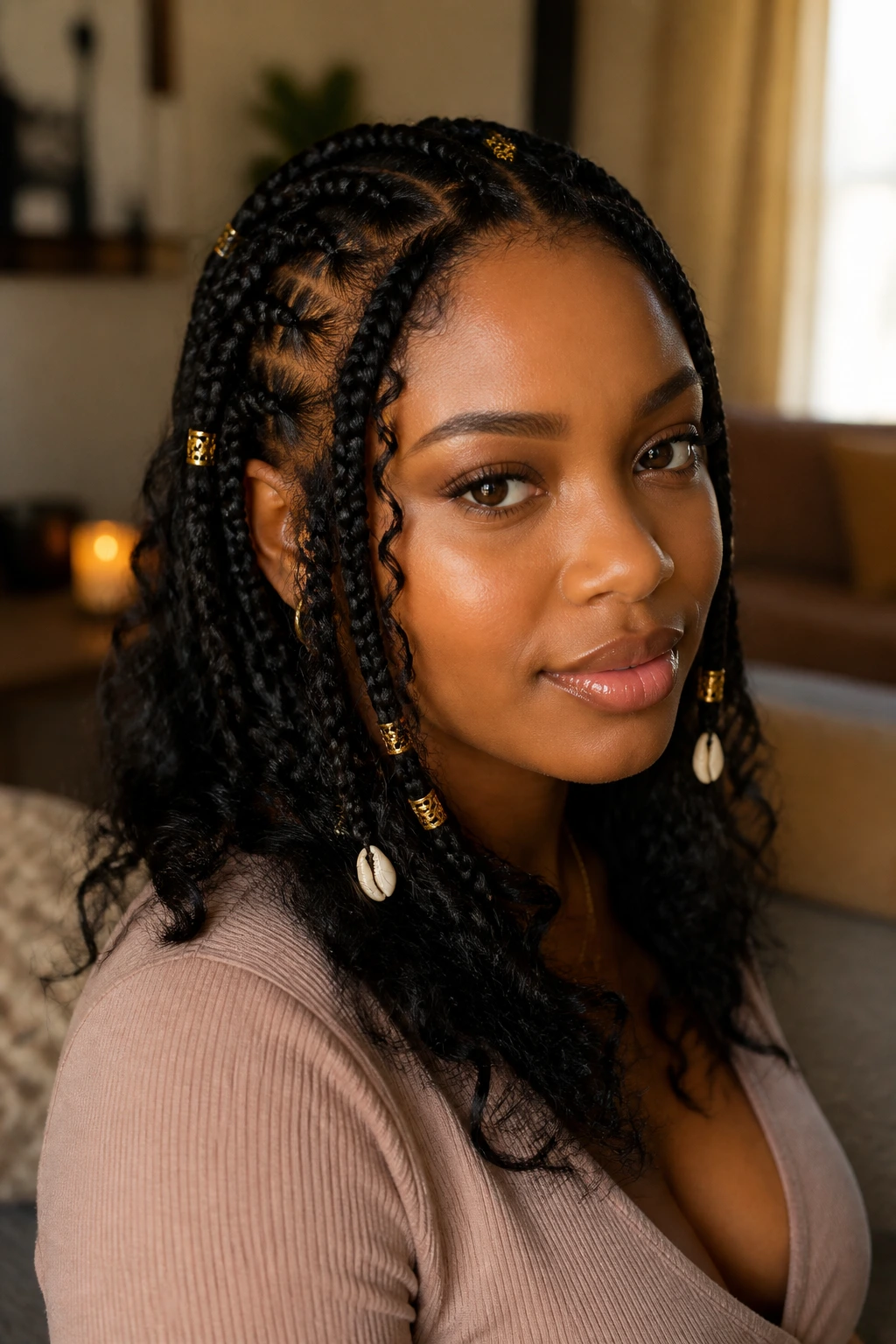 Close-up of a real woman with tribal braids ending in deep waves, accented with shells and cuffs.