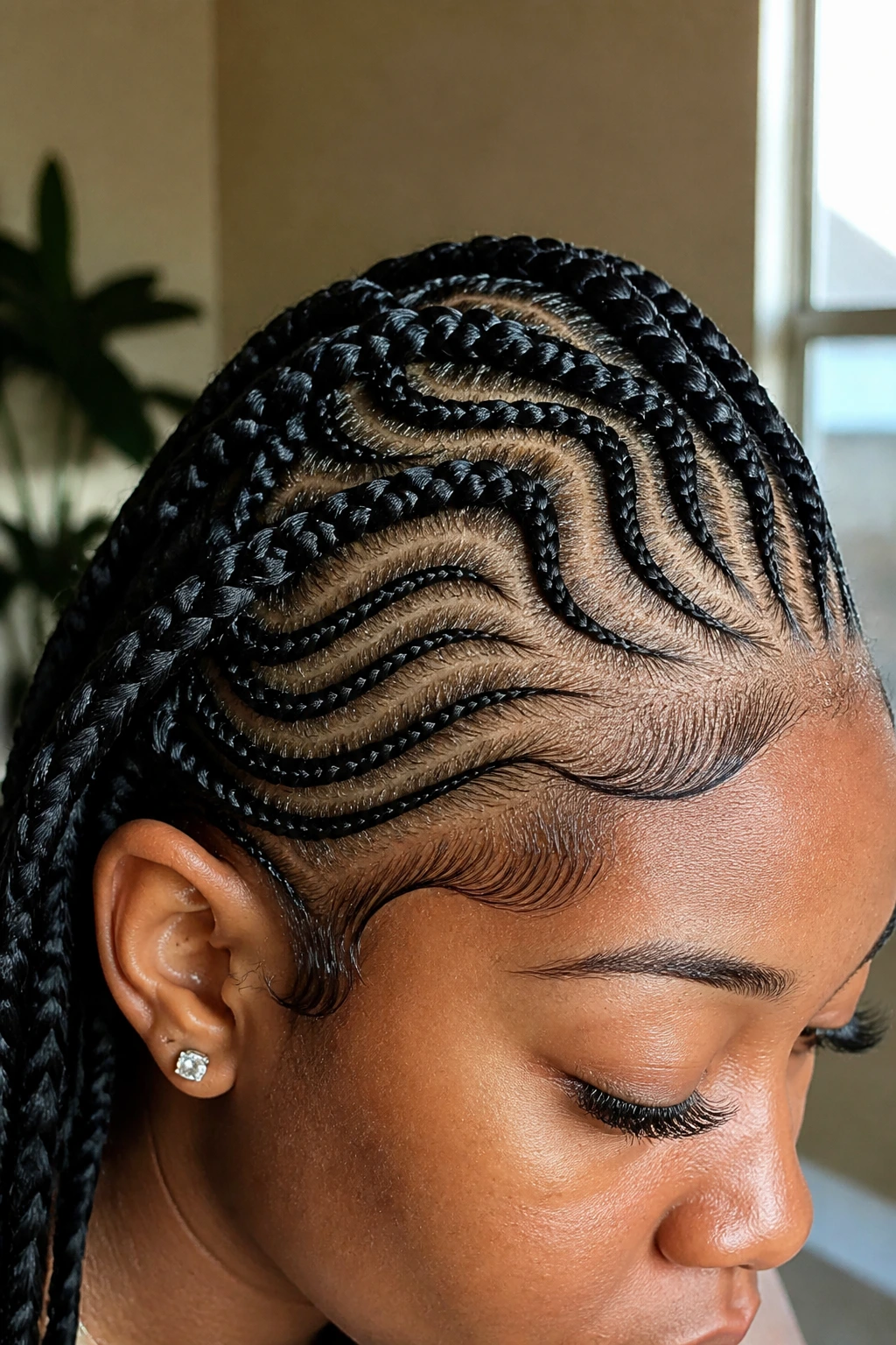 Close-up of a real woman with tribal-inspired braids around the scalp