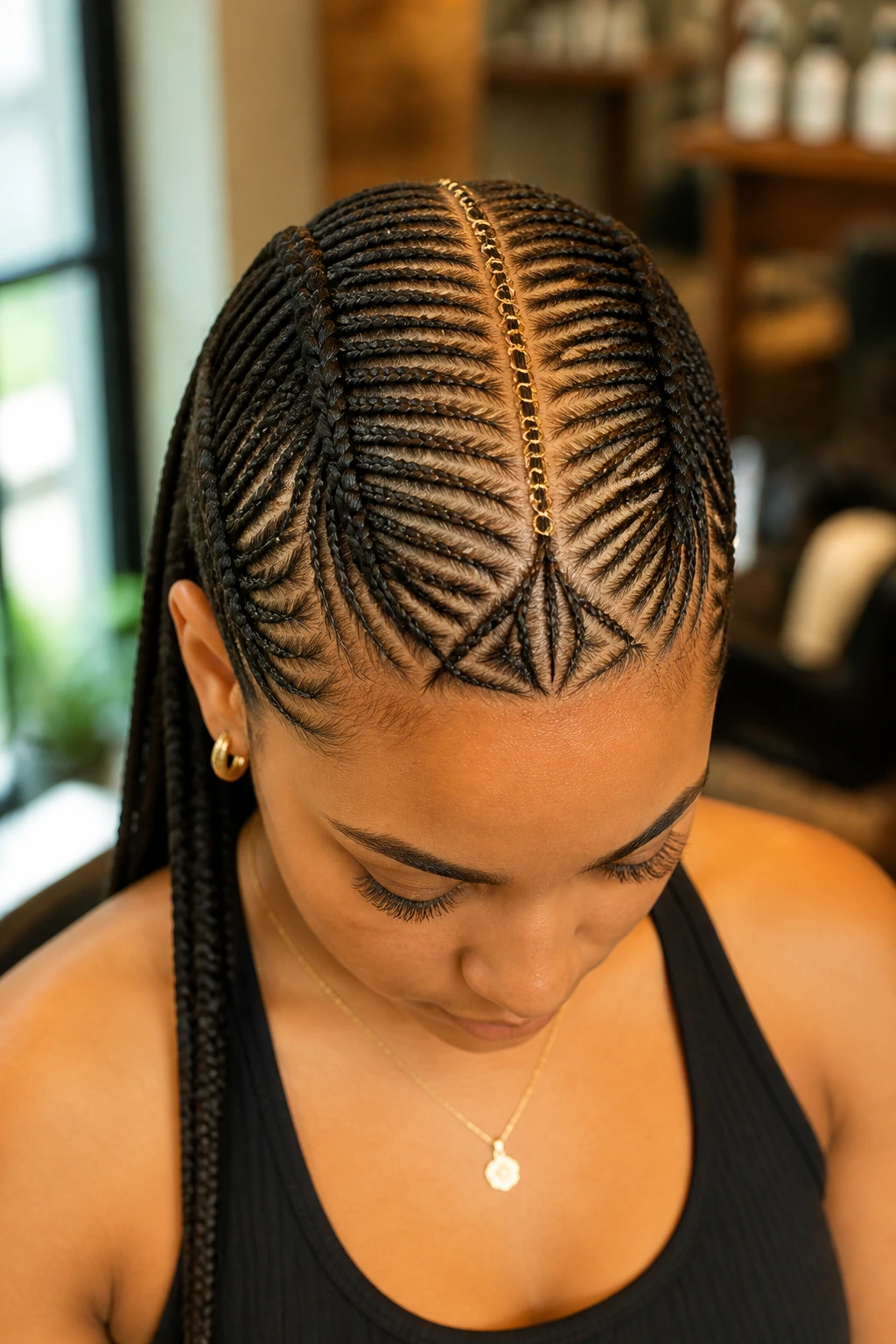 Close-up of tribal-inspired micro braids with a crisp center part on a real woman