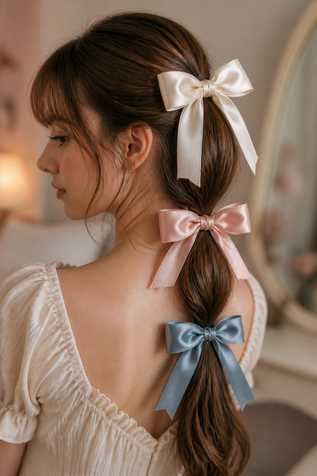 Close-up of a real woman with Triple-Bow Layering ponytail