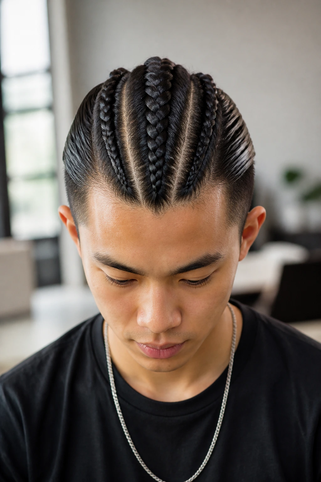 Portrait of a real person with three Dutch braids forming a mohawk on Asian hair.