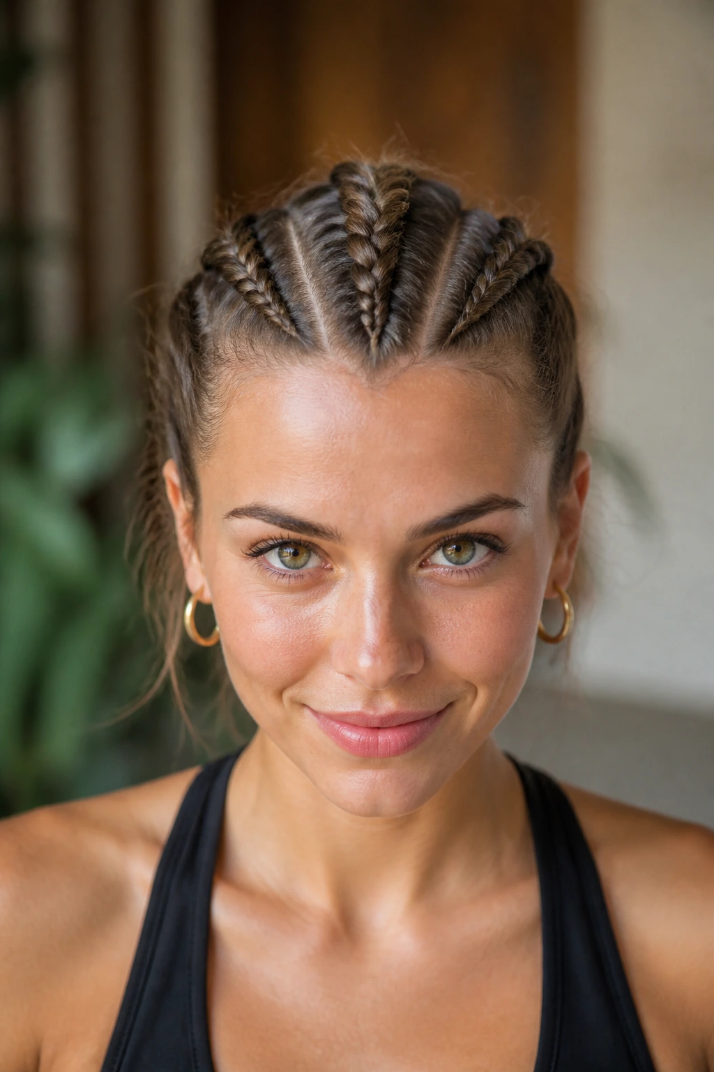 Close-up of three inverted braids converging at the center of the head on a real woman