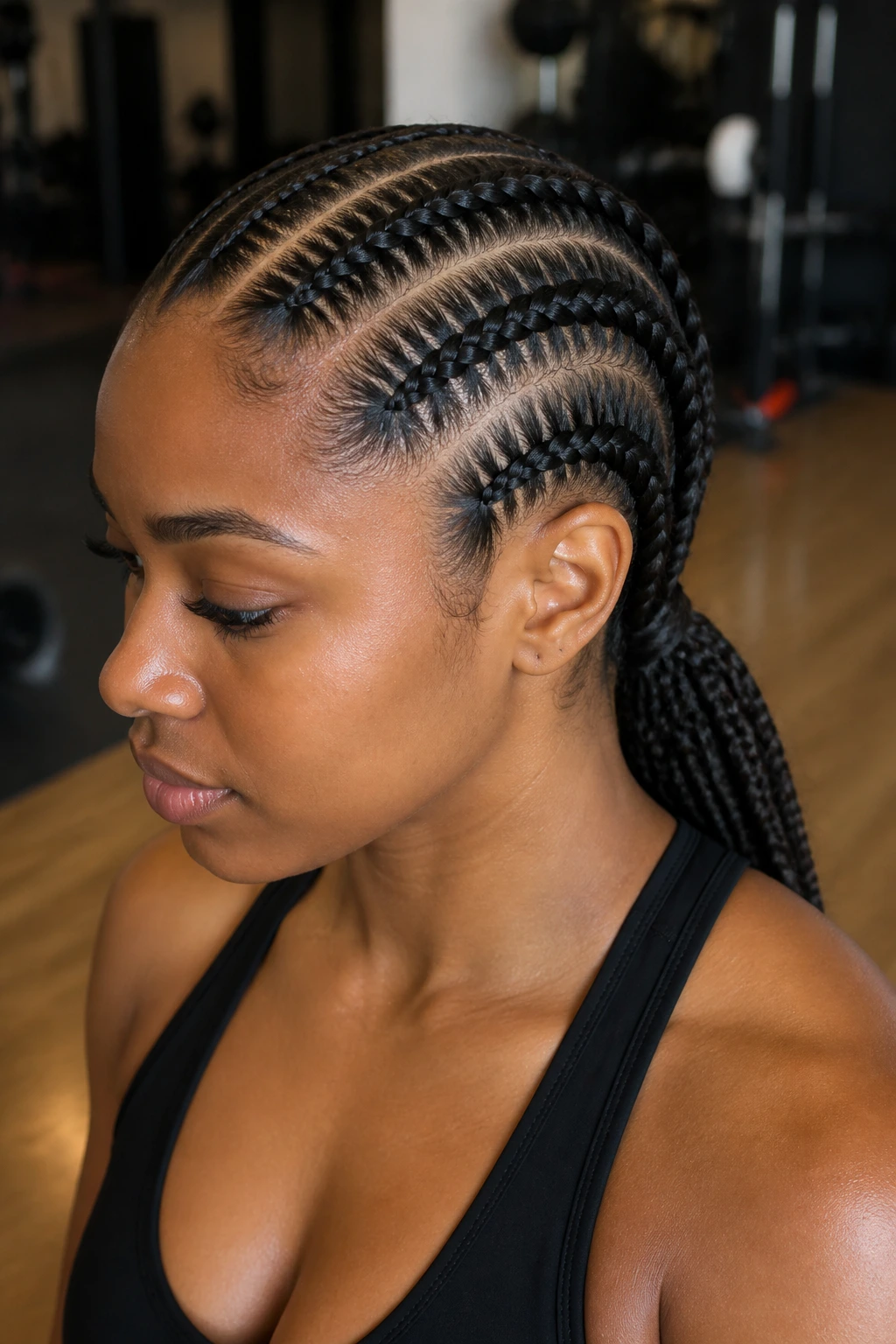 Close-up of Triple-Row Low Ponytail on a real woman in a gym-like studio