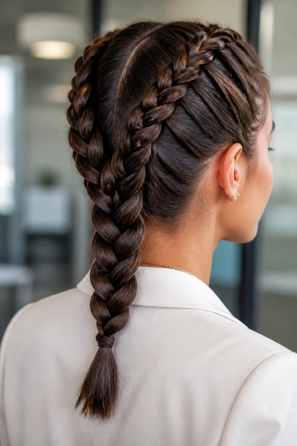Three braids at temples converge into a thick braid at the nape on a real woman.