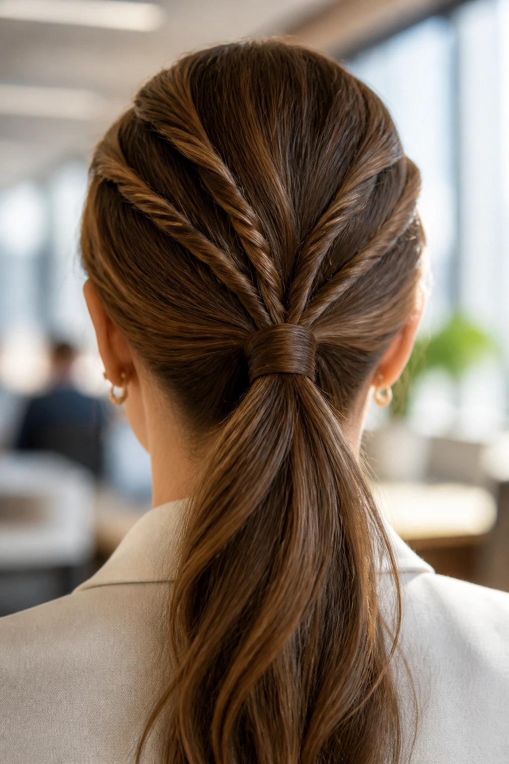 Rear view of a woman with a triple-twisted ponytail in an office