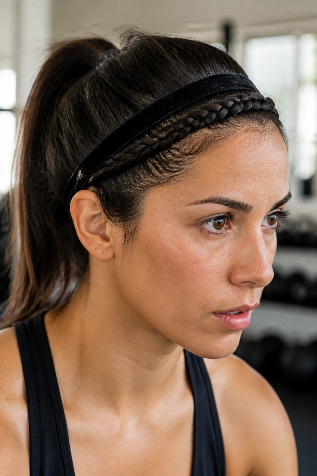 Close-up of woman with forehead braid tucked under a velvet headband in a gym