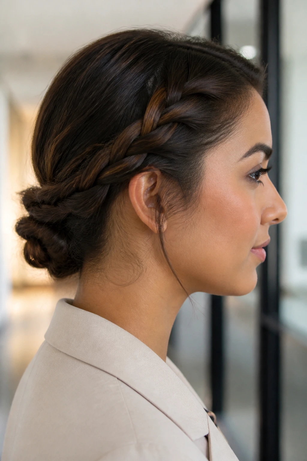 Profile view of a real woman with a tucked side braid in an office setting