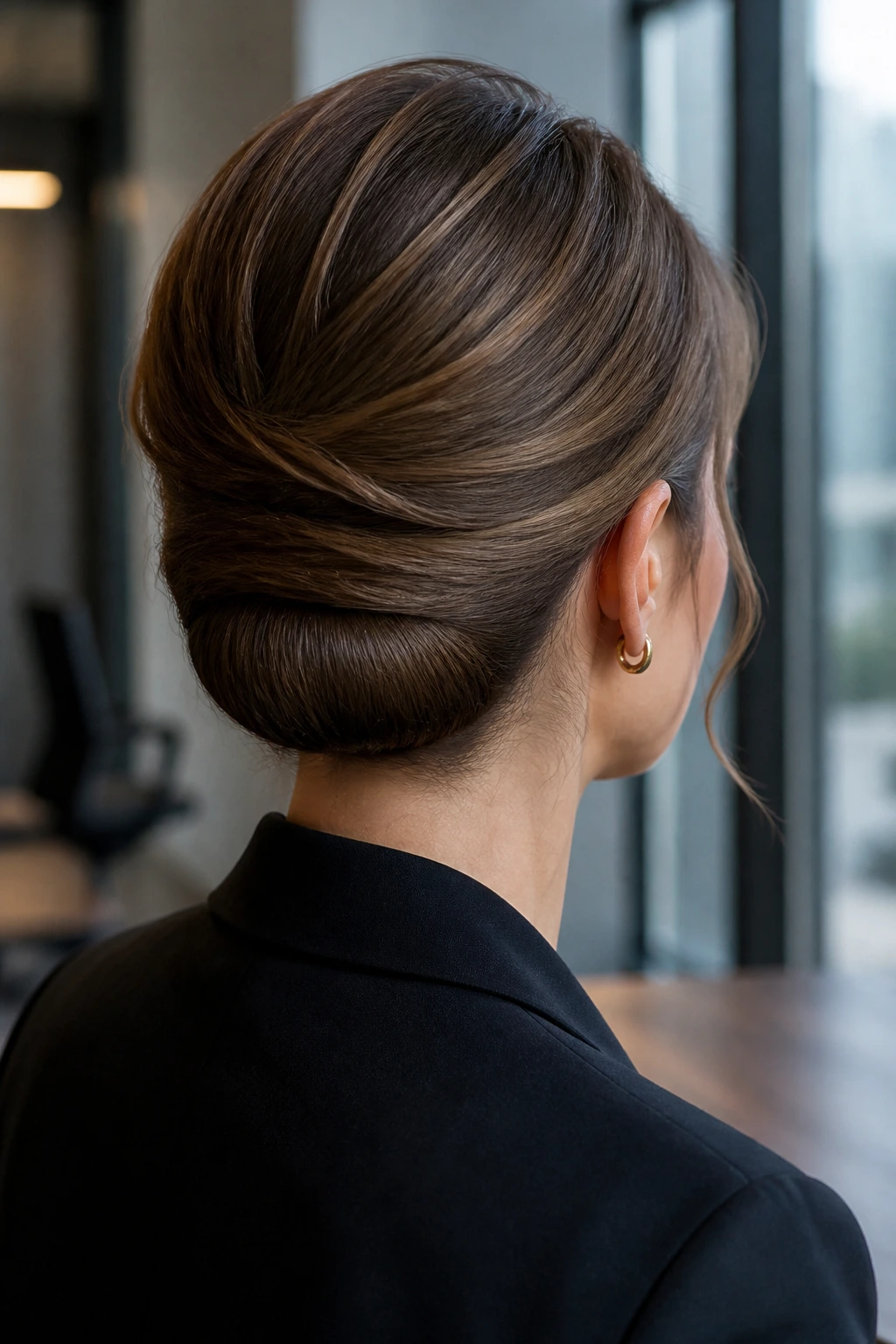 Back-quarter view of a real woman with a tucked-under roll at the nape in an office