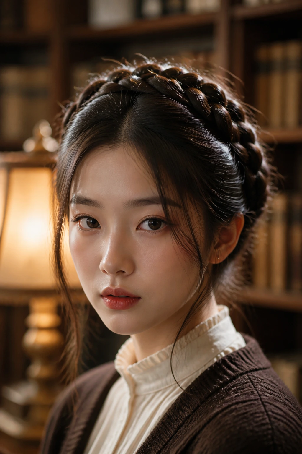Close-up of a real woman wearing twin braided crown in a library setting