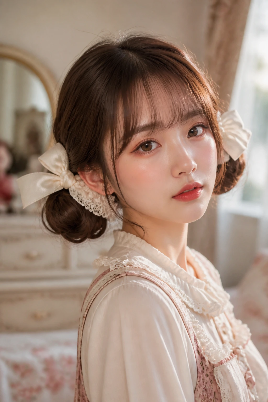 Close-up of a real woman with twin low buns and lace trims, warm window-lit bedroom setting
