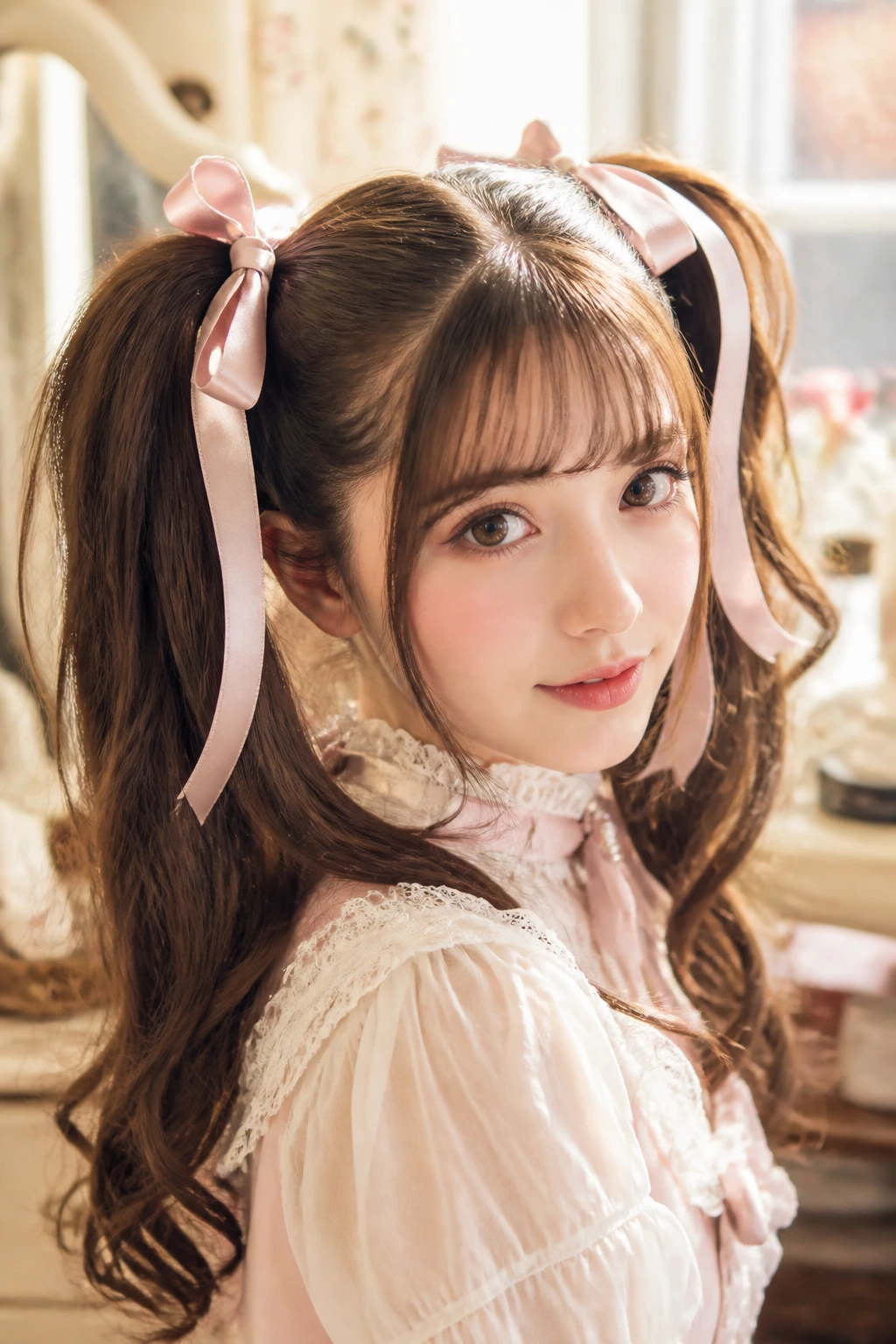 Close-up portrait of a real woman with high twin tails and ribbon accents