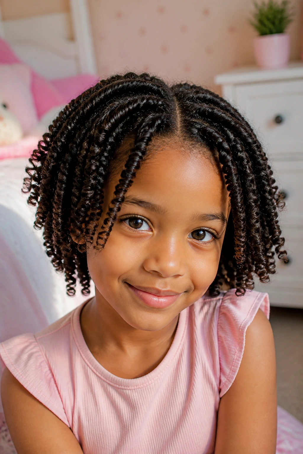 Close-up of a child with a defined twist-out hairstyle