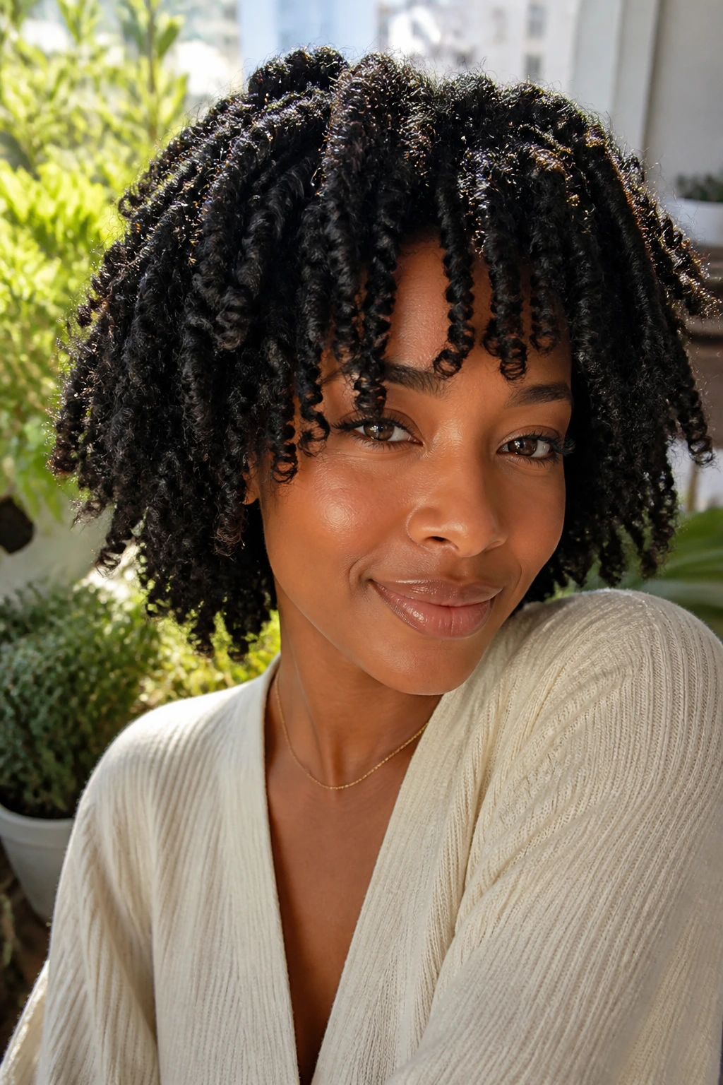 Close-up of a real woman with a natural twist-out and defined curls