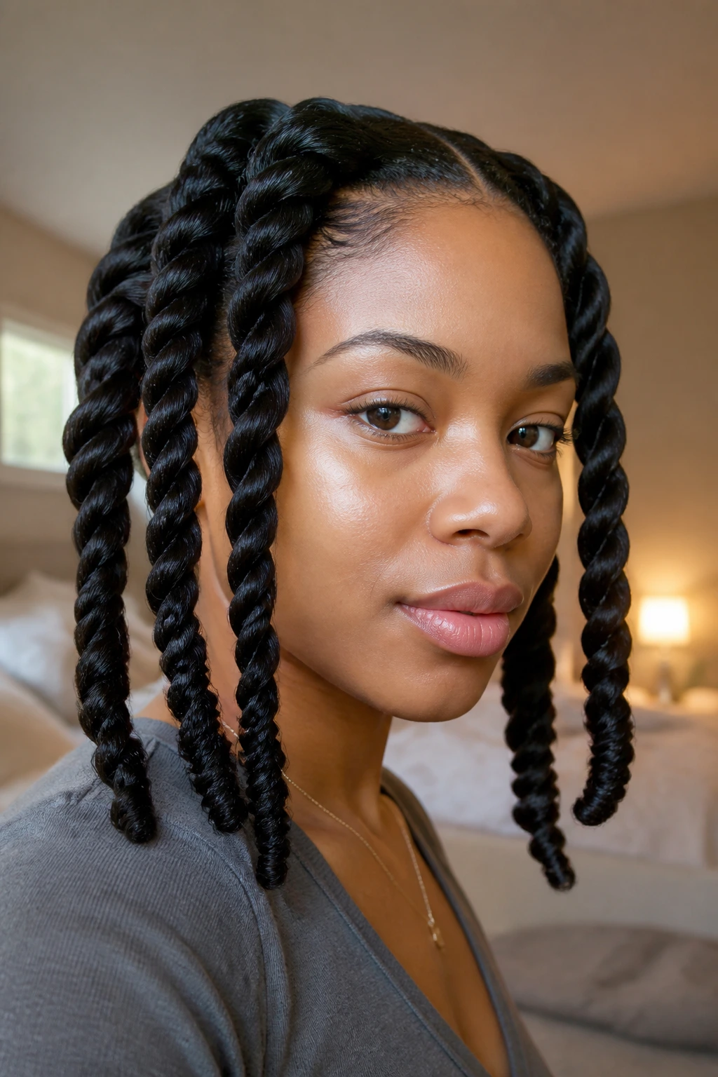 Close-up of a real woman with a four-section low-tension twist-out hairstyle.