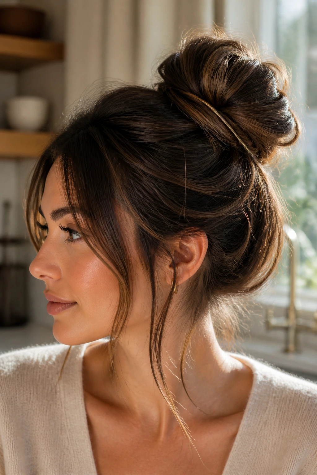 Close-up of a real woman with a twist and pin messy bun hairstyle