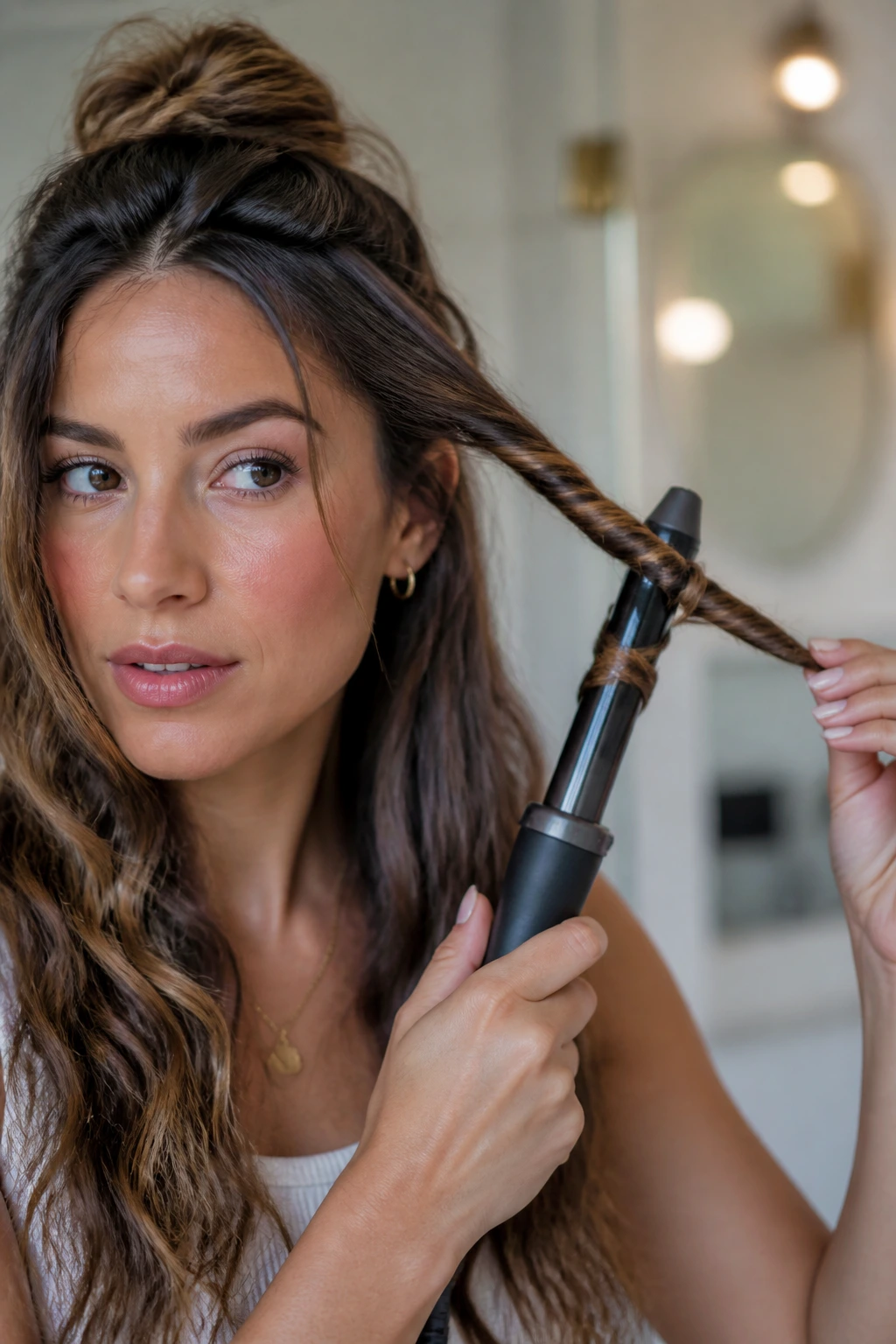 Close-up of real woman's hair twisted around a curling wand for twist-and-pull